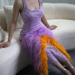 Luxury Elegant Halter Feathers Lilac Evening Dress