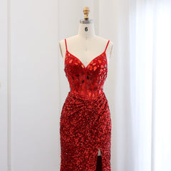 Luxury Spaghetti Straps Wine Red Sequin Prom Evening Dress