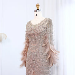 Exquisite Luxury Beaded Feather Nude Tulle Evening Dress