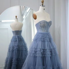 Luxury Elegant Sweetheart Ball Gown Blue Tulle Evening Dress