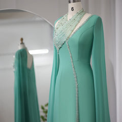 Luxury Turquoise Green Chiffon Evening Dress with Cape Sleeves