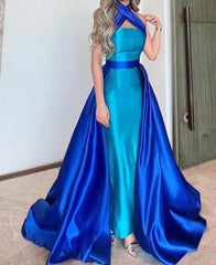 Luxury Royal Blue Criss Cross Halter Evening Dress with Overskirt