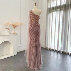 Luxury Pink One Shoulder Mermaid Evening Dress with Cape Sleeves