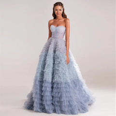 Luxury Blue Ombre Tiered Ruffles Evening Dress