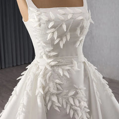 Charming Square Collar Satin A-Line Wedding Dress with Detachable Train