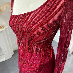 Luxury Long Sleeve Burgundy Mermaid Evening Dress