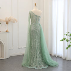 Luxury One Shoulder Sage Green Evening Dress with Cape Sleeves