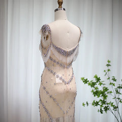 Nude Luxury Crystal Tassel Long Prom Evening Dress