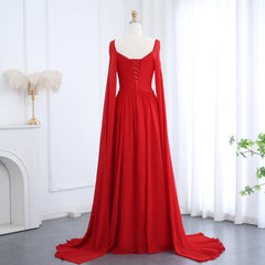 Luxury Elegant Red Chiffon Evening Dresses with Cape Sleeves