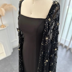 Luxury 3D Flowers Black Satin Evening Dress with Cape