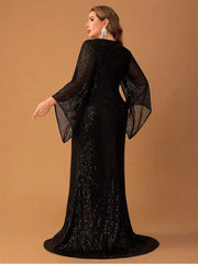 Plus Size Long Sleeve V Neck Evening Dress