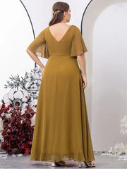 Plus Size V Neck Pleated Multicolor Chiffon Evening Dress