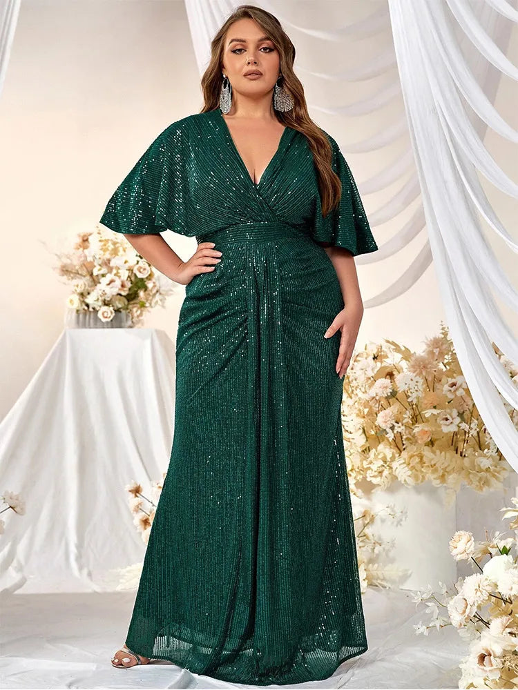 Plus Size Loose Sequined Shawl Short-Sleeved Evening Dress