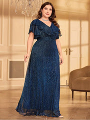 Plus Size V-Neck Blue Polka Dot  Sparkling Evening Dress