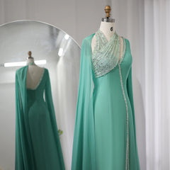 Luxury Turquoise Green Chiffon Evening Dress with Cape Sleeves