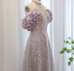 Luxury Off Shoulder Pink Sparkly Sequin Purple Evening Dress