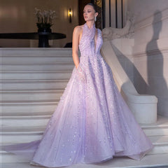 Luxury Sleeveless Beaded Lilac Evening Dress