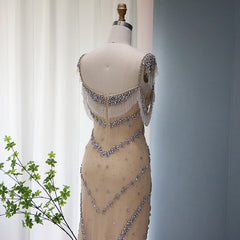 Nude Luxury Crystal Tassel Long Prom Evening Dress