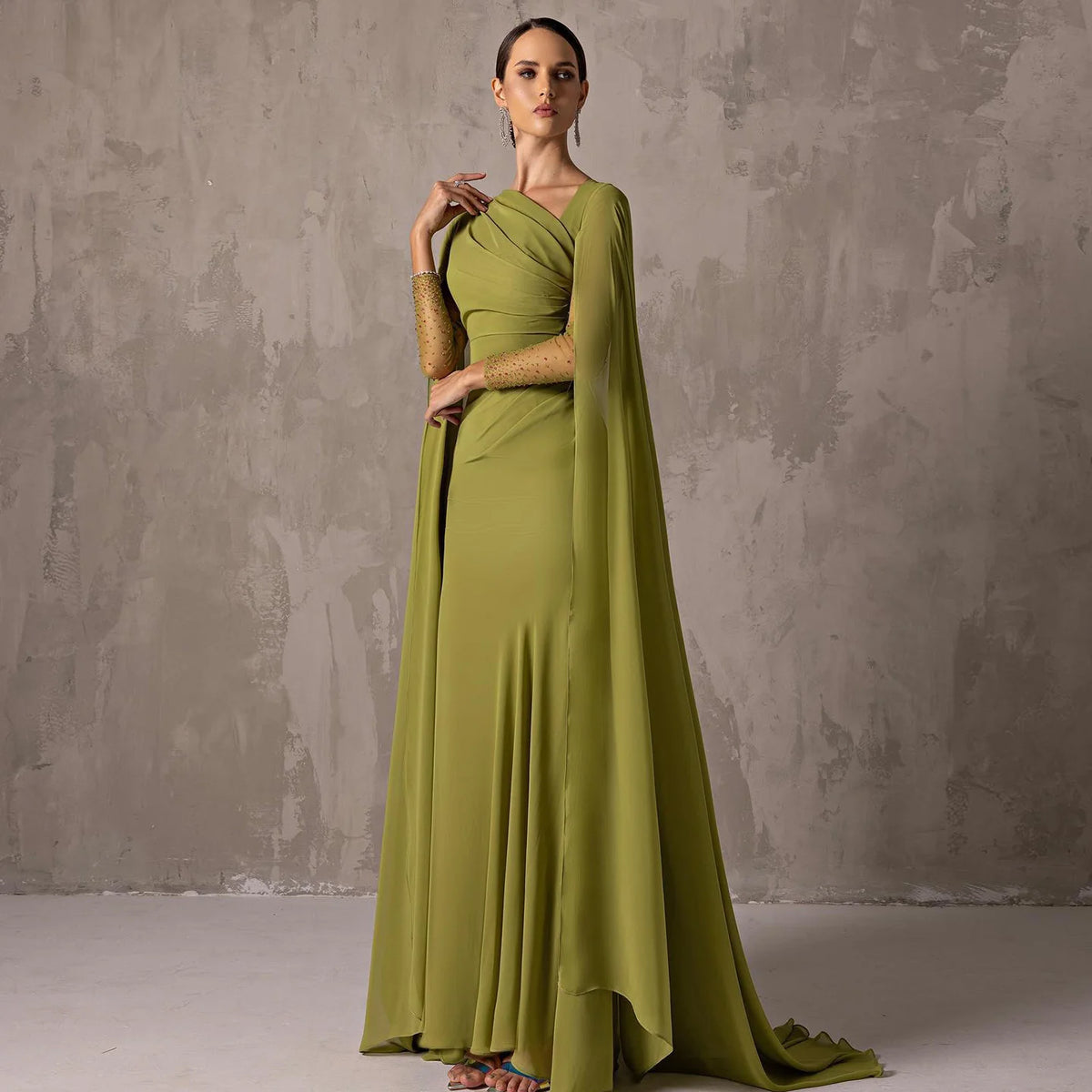 Luxury Sage Green Chiffon Evening Dress with Cape Sleeves