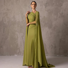 Luxury Sage Green Chiffon Evening Dress with Cape Sleeves