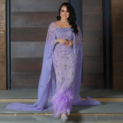 Luxury Feathers Lilac Evening Dress with Cape Sleeves