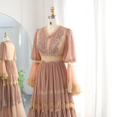 HELEN Luxury Peach Lace Beaded Evening Dress