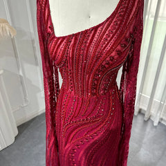 Luxury Long Sleeve Burgundy Mermaid Evening Dress