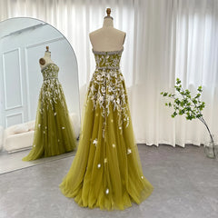 Luxury Strapless Olive Green Evening Dress for Women