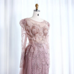 Luxury Beaded Sequined Pink Evening Dress with Sweep Train