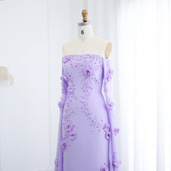 Luxury Lilac Off-Shoulder 3D Flowers Evening Dress with Cape Sleeves