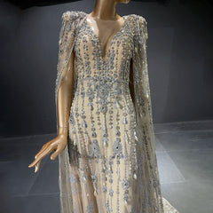 Luxurious Crystal Pearls Evening Dress with Cape Sleeves