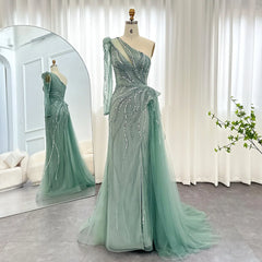 Luxury One Shoulder Sage Green Evening Dress with Overskirt