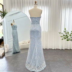 Elegant Strapless Light Blue Pearls Luxury Evening Dress