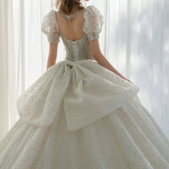 Elegant Short Sleeves Beaded Ball Gown Wedding Dress