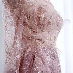 Luxury Beaded Sequined Pink Evening Dress with Sweep Train