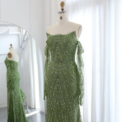 Luxury Strapless Green Evening Dress with Gloves