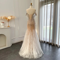 Luxury Feathers White Nude Prom Evening Dress