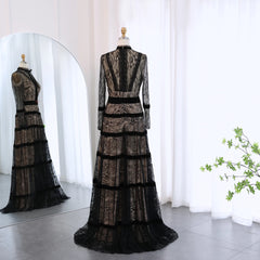 Luxury Tiered Long Sleeves Black Lace A-line Evening Dress