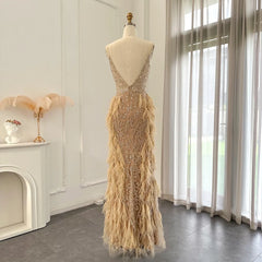 Luxury Feathers Mermaid Champagne Evening Dress