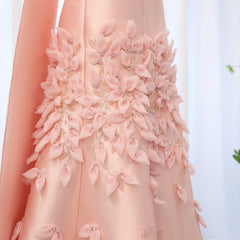 Luxury Satin 3D Leaves Blush Pink Evening Dress with Cape