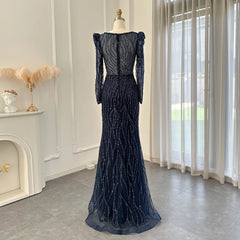 Luxury Long Sleeves Navy Blue Mermaid Evening Dress