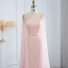 Luxury Pink 3D Flowers Evening Dress with Cape Sleeve