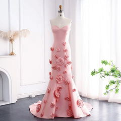 Luxury Women Pink 3D Flowers Satin Mermaid Evening Dress