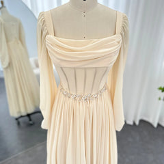 Long Sleeves Tea Length Beige Midi Evening Dress with Belt