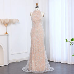 HELEN Luxury Beaded Mermaid Nude Evening Dress with Gloves