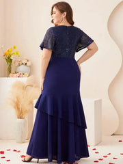 Plus Size V Neck Blue Short Sleeve Evening Dress