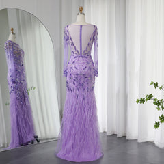 Luxury Beaded Feathers Long Sleeves Evening Dress