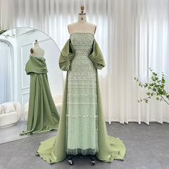 Luxury Sage Green Evening Dress with Cape