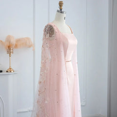 Luxury Pink 3D Flowers Evening Dress with Cape Sleeve