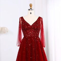 HELEN Luxury Beaded Wine Red Evening Dress